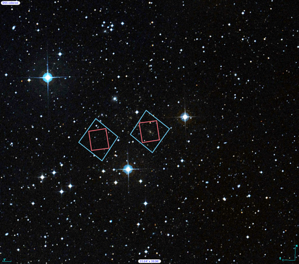 Locations of Hubble Frontier Fields observations plotted over a Digitized Sky Survey