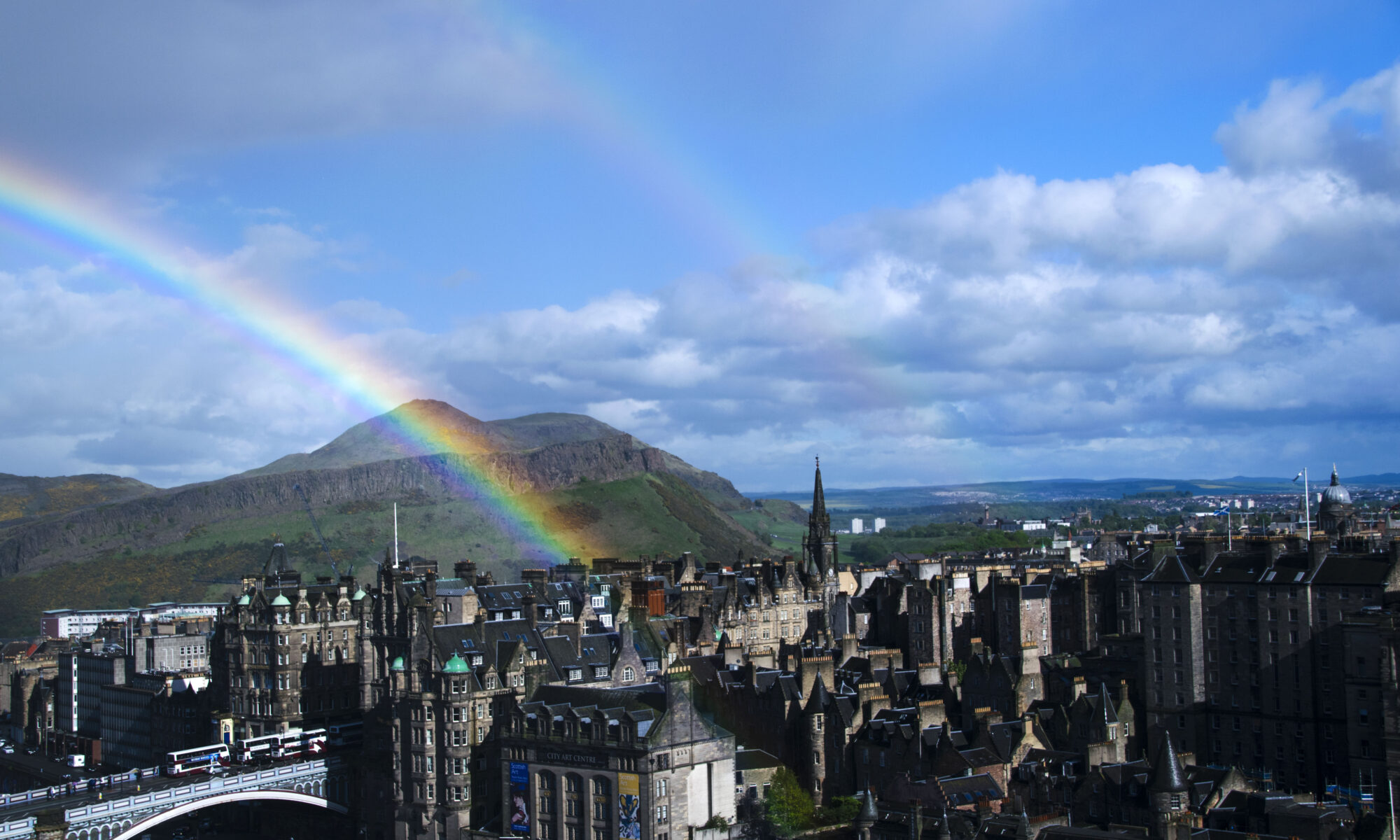 Double rainbow over Edinburgh, with Arthur's Seat in the background