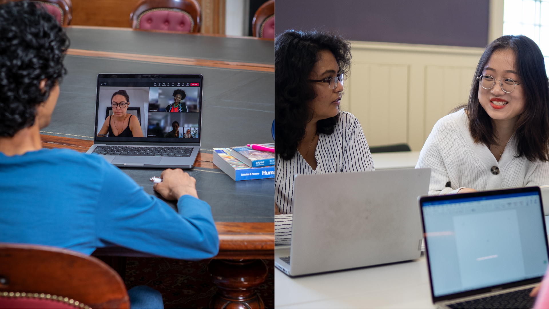 Side-by-side image of students studying online and on campus.