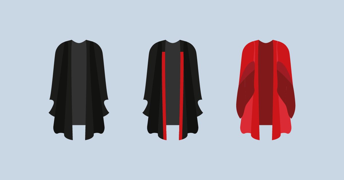 Illustration of three types of University of Edinburgh graduation gowns: an all-black gown, a black gown with a red trim, and a scarlet gown.