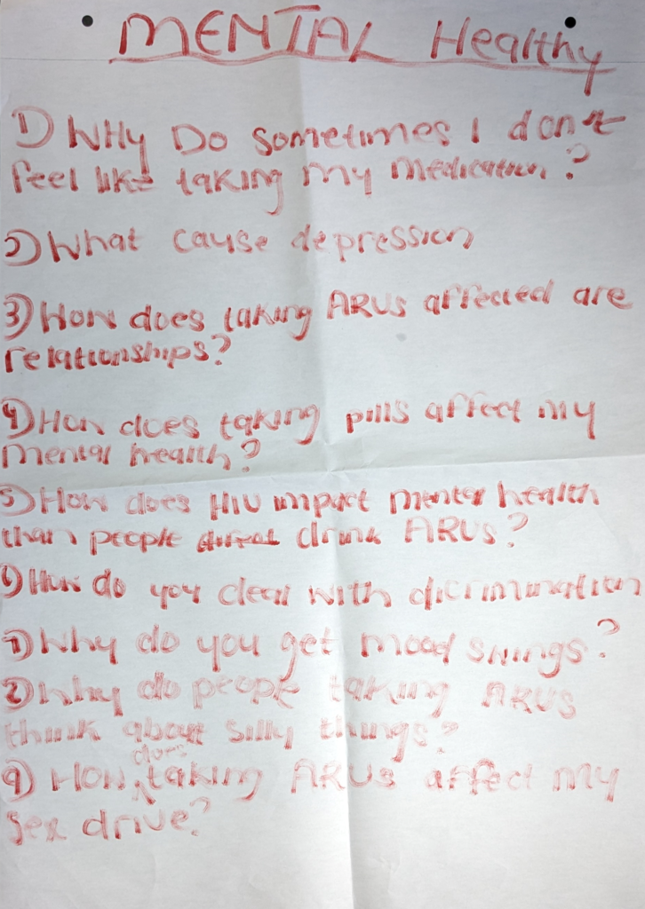 Handwritten notes from workshop participants showing a list of research questions.