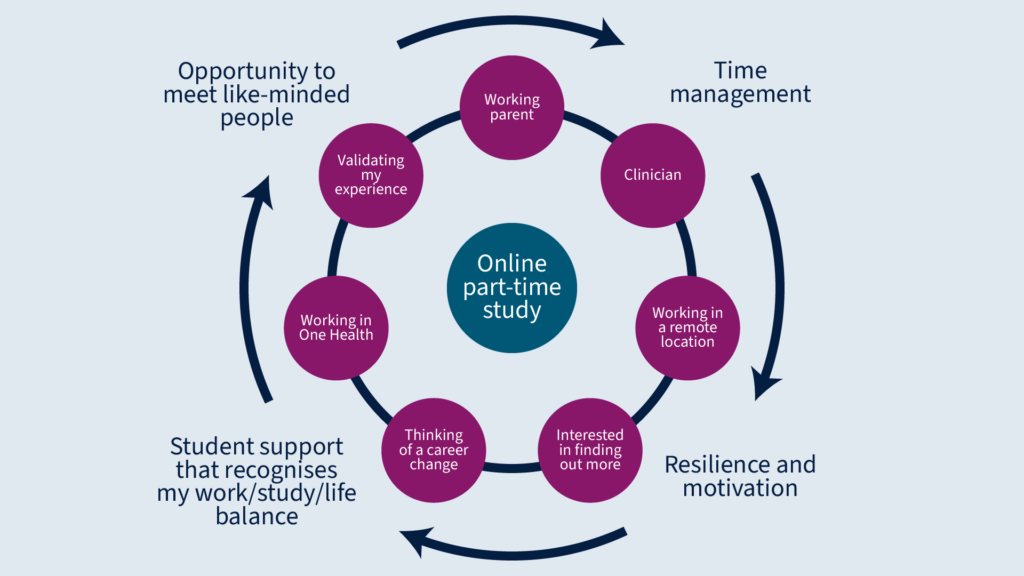 Diagram showing the reasons for choosing online part-time study (being a working parent, working as a clinician, working in a remote location, being interested in finding new information, thinking of a career change, working in One Health, and validating experience), and the skills and opportunities involved (time management, resilience and motivation, student support, and opportunities to meet like-minded people).