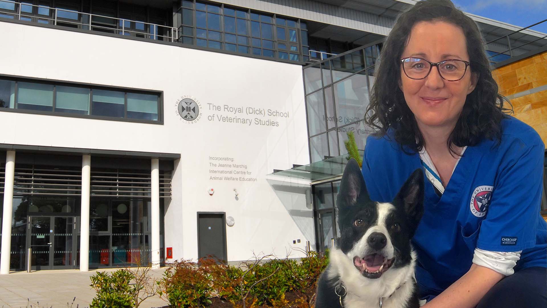 Composite image of Amy Miele with a dog and the Royal (Dick) School of Veterinary Studies main building in the background.