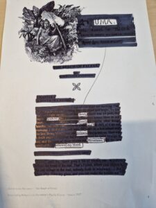 blackout poem by Newbattle High School (Midlothian, Scotland) student from the first page of 'The Beach of Falasa' reading: "Uma: dawn, sparkled/ lime and solitary/ mountains, renewed my blood."