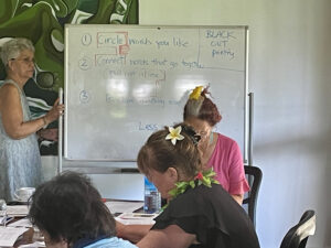 woman explaining near a white board and other people writing