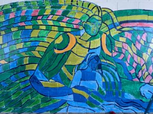 Mural design, in green blue and yellow inspired by the Samoan legend of Vaela and Apa'ula