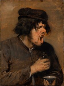 Dutch 17th century painting of a man making a face after tasting something horrible from a bottle