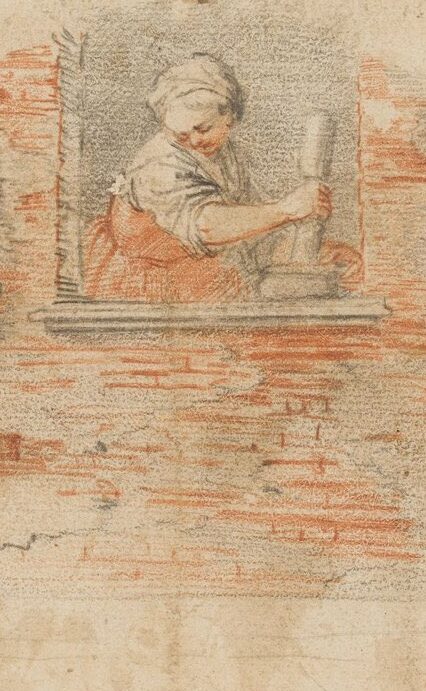 Renaissance drawing of woman preparing ingredients in pestle and mortar