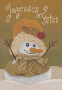 A happy French snow person celebrating in traditional rustic clothing.