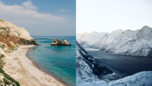 The contrast between the warm sunny beaches of CYprus, and the snowy mountains of Norway.