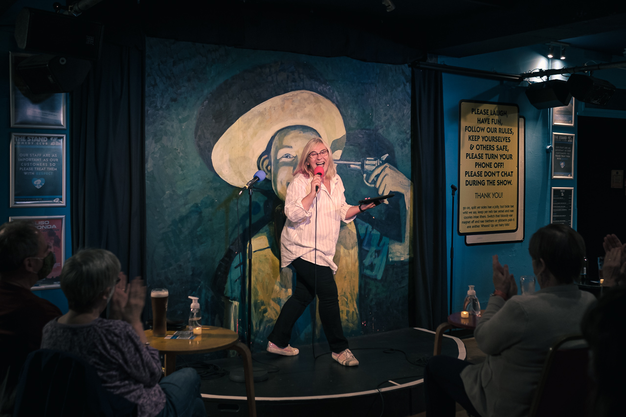 Image of comedian Susan Morrison on the stage at a Cabaret of Dangerous Ideas show.