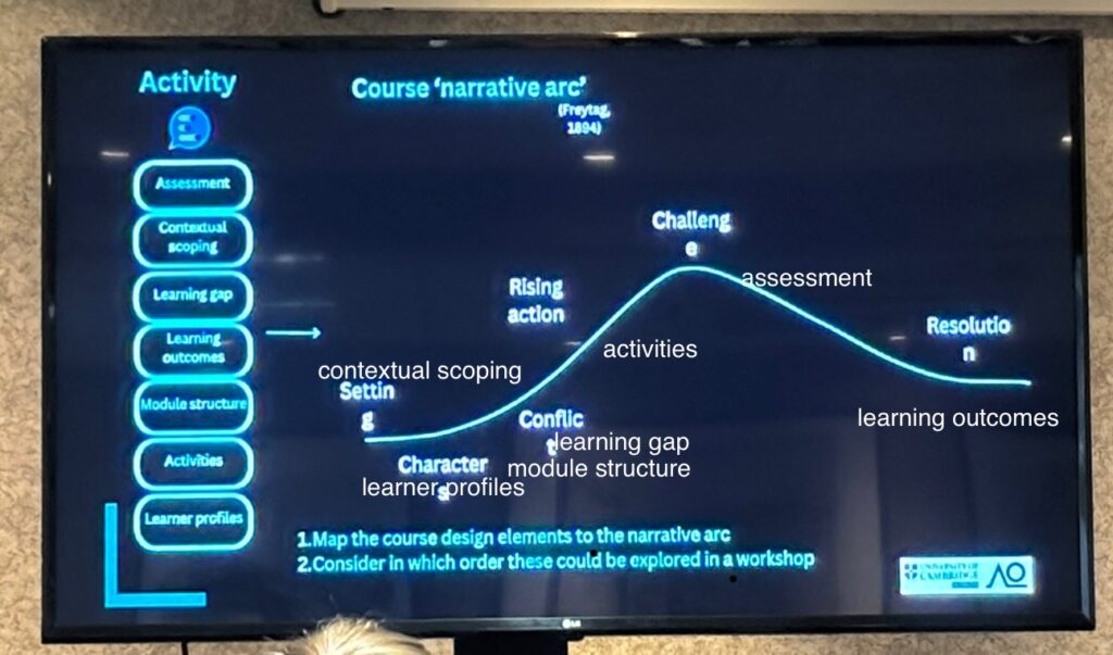 A slide showing a traditional narrative arc, with text overlaid to pair up certain course objectives. Contextual scoping is beside setting, character beside learner profiles, conflict pairs with learning gap and module structure, rising action is linked to activities, challenge and assessment are next to each other, and resolution is matched with learning outcomes.