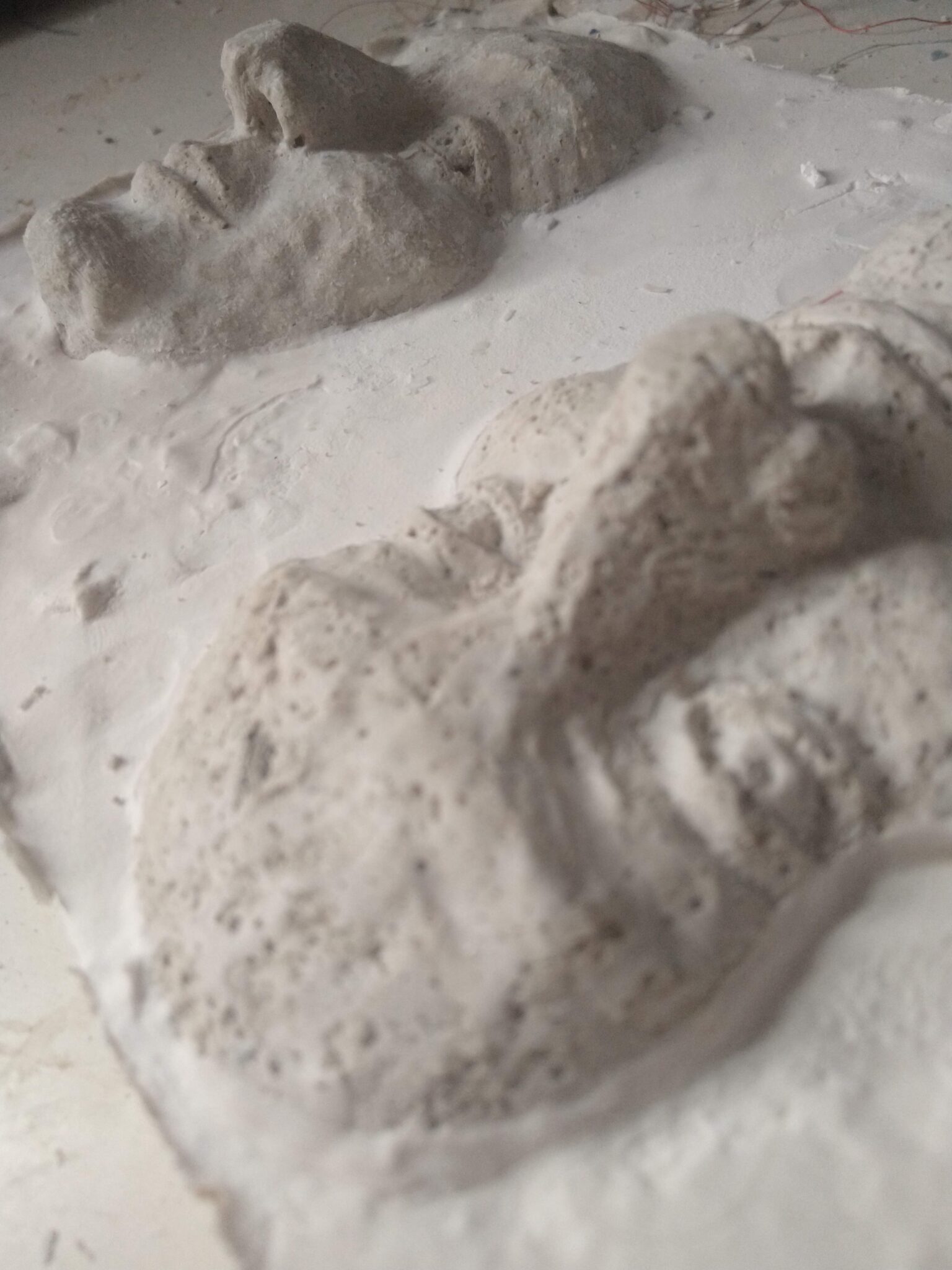 Plaster faces made from a wax original and silicon mold Isabella