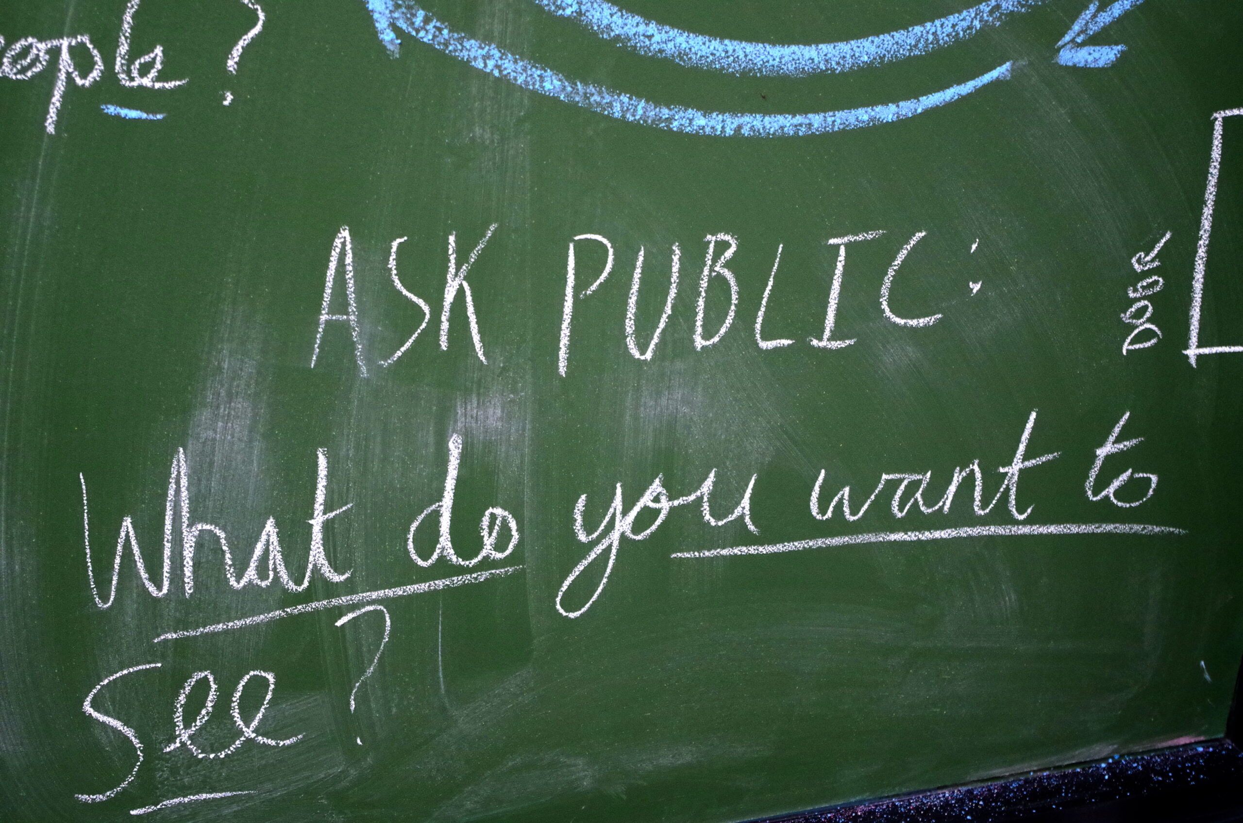 Green chalkboard with writing reading 'Ask Public What do you want to see?'