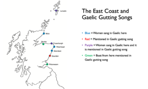 A map outline of Scotland labelled The East Coast and Gaelic Gutting Songs, with important places on the east coast marked in a colour-coded key