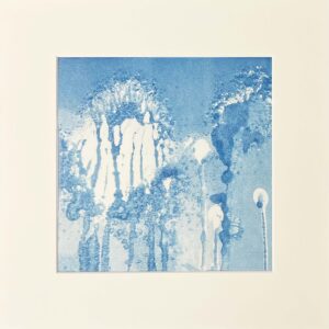 A blue-toned square artwork on a light background. White drips and cloudy bursts spread across the surface, resembling ink wash, water stains, or fireworks captured as traces.