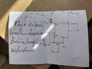 Hand-drawn exhibition plans, layout sketches, and planning notes made by Ji Ju Collective during a group discussion at Summerhall.