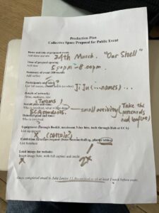 Hand-drawn exhibition plans, layout sketches, and planning notes made by Ji Ju Collective during a group discussion at Summerhall.