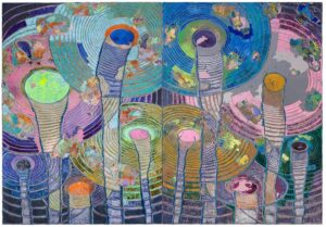 A very large aluminium-panel painting with acrylic layers and carved marks; the surface shows cut lines and reflective shifts under light.