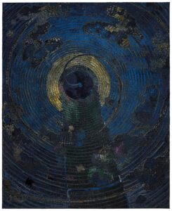 A mid-sized aluminium-panel work with dense colour layers; carved and scraped lines create rhythmic grooves and edges across the surface.