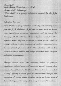 Bilingual poster for "Our Shell" exhibition with a red shell sketch.