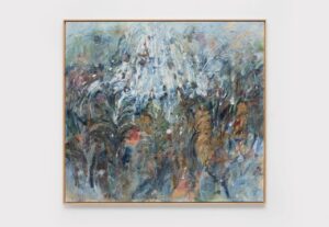 A large work on paper with layered, garden-like textures; watercolour and oil marks are visible, with raised paper-pulp areas creating uneven relief.