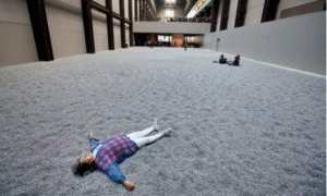sunflower seeds This is a large-scale immersive art installation in the Turbine Hall of Tate Modern in London. The entire space is a towering, industrial-style building. The entire floor of the exhibition hall is covered with hundreds of millions of handcrafted porcelain sunflower seeds. A person wearing a blue and pink checkered sweater and white pants is lying spread-eagle on the seeds, and in the distance, two other people are sitting and relaxing on this surface. 