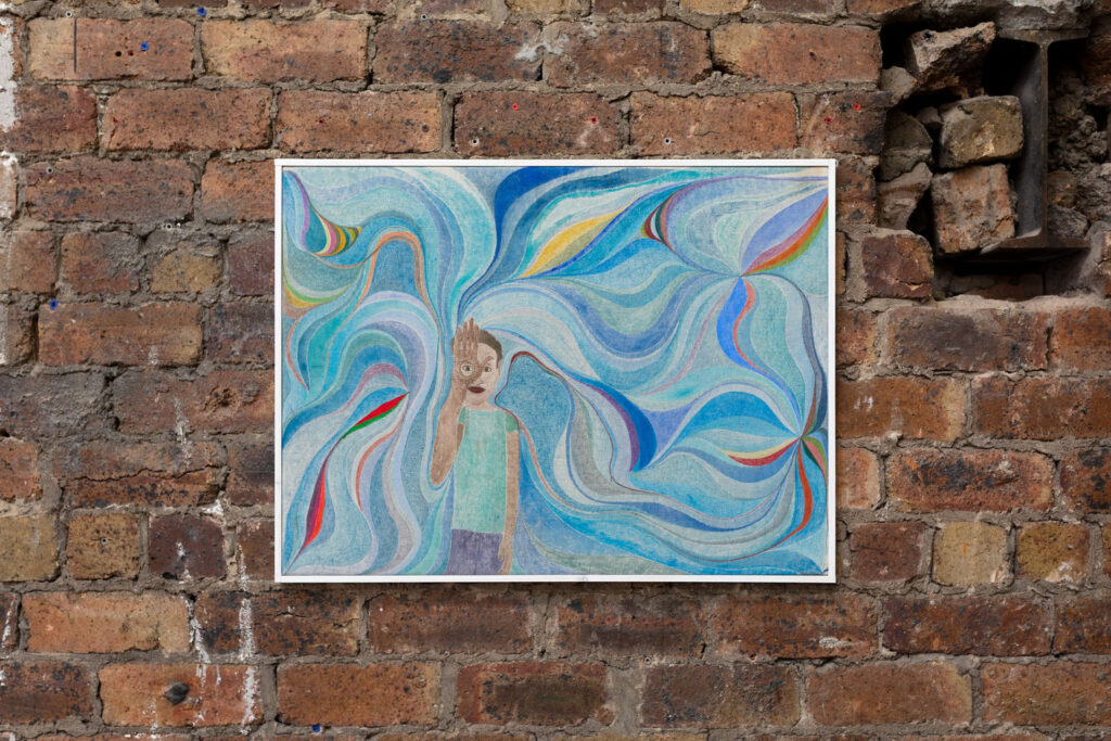 Impermanence #9 (Ron from the past says hello to me in the present), 2025, Acrylic and house paint on recycled canvas, 57.2 × 76.5 x 2 cm