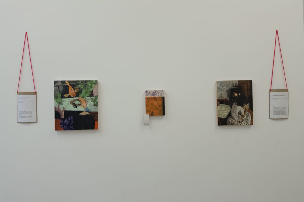 Installation view of Our Shell, showing painting display with suspended labels