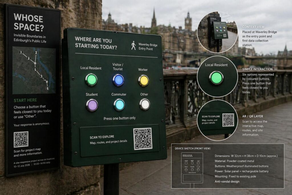Figure 10. Entry, exit, and interpretive layer: Waverley Bridge entry point, AR / QR interface mock-up, and public feedback device sketch. 