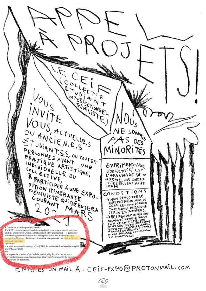 Call drawing by Marie Béney, from Bernard, Romane, et. al. “Now Imagine That We Are a Village” in Reckitt, Helena and Richter, Dorothee. eds. 'Instituting Feminism.' On Curating 52 (2021), pp 141-145.