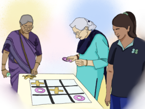Illustration of 3 people playing naughts and crosses