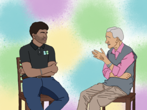Illustration of two men sitting and talking.