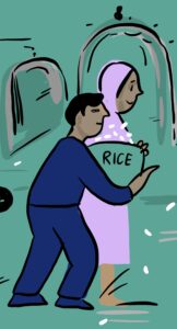 Image of man and woman handing out rice.