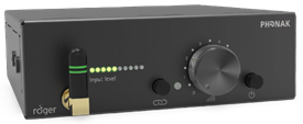 Phonak Roger Basestation. Small black box with an aerial for transmission and dial for volume control.