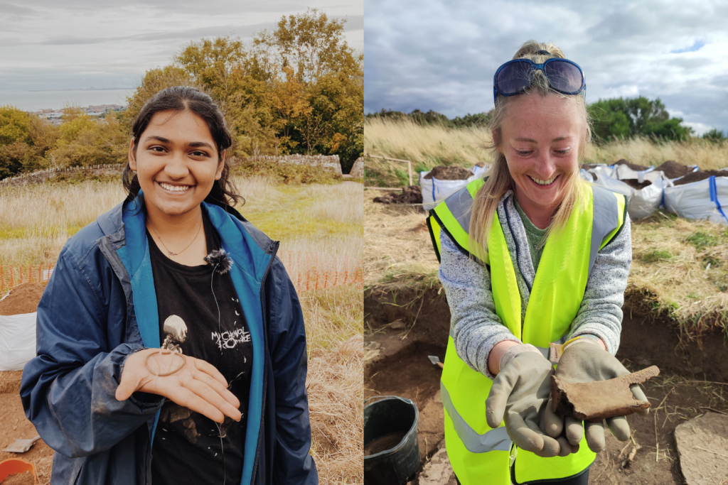 Undergraduate students Shreya (left) with a copper bangle she found in Trench 8 and Clair (right) with an animal bone she discovered at the top of the hillfort