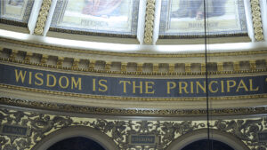 The painted ceiling in McEwan Hall - Wisdom is the Principal