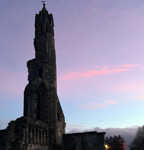 Ruins of St Andrews cathedral at dusk