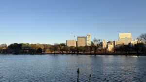 A view across a lake towards modern skyscrapers in Ueno Park, Tokyo.