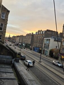 Orange hue sky above a street in Leith, Edinburgh.