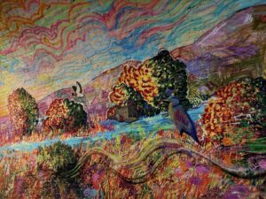 A multi-coloured scene from the Colinton Tunnel mural depicting a heron beside a river with a mill in the distance and trees and hills beyond.