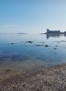 A serene beach scene featuring calm water and a distant building on the horizon.