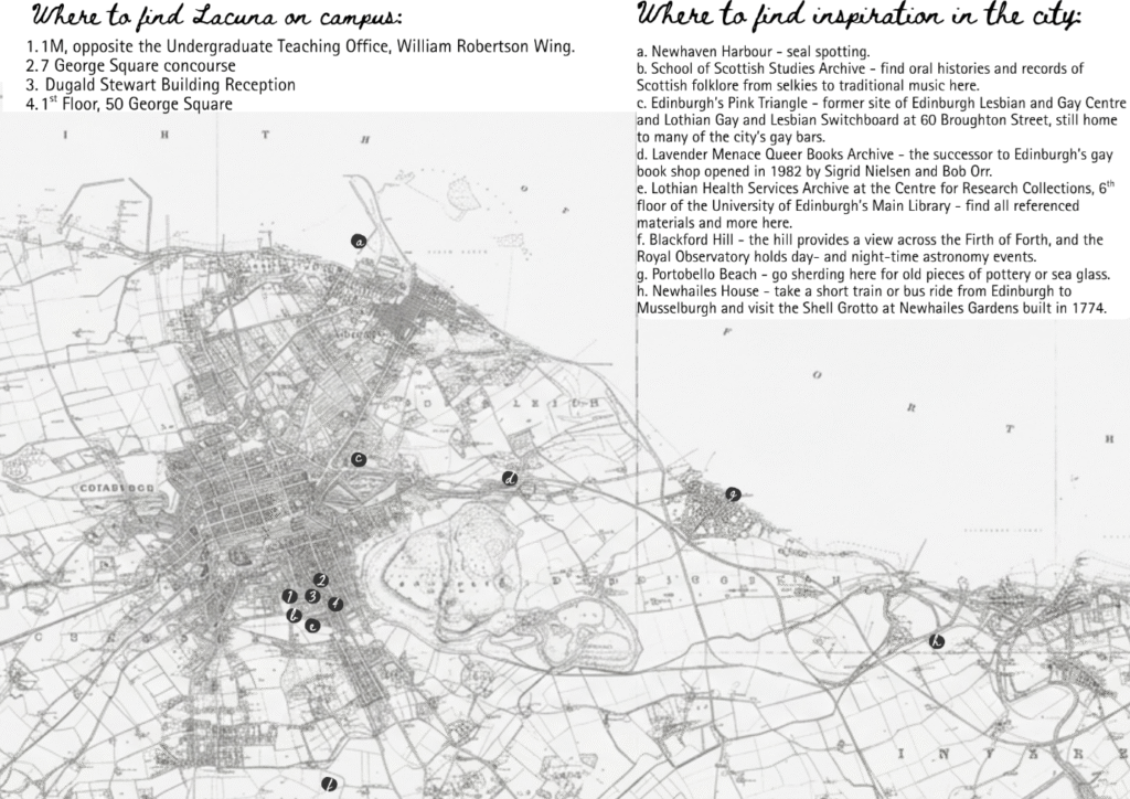 Black and white map of Edinburgh marked with numbered campus and city locations, showing where the Lacuna project can be viewed and where inspiration was found for it.