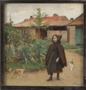 Girl in garden scene with a cat and a dog