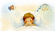 Sleeping child - icons for loud and quiet noise above their head.