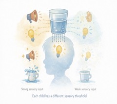 Each child has a different sensory threshold: Child's head surrounded by icons for strong and weak sensory input.
