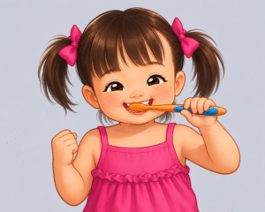 young child smiling and brushing teeth