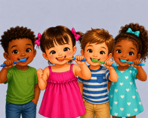 group of children brushing teeth