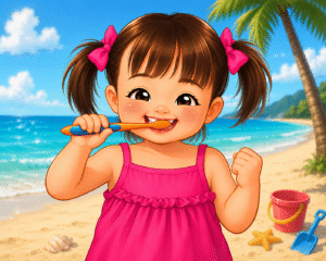 girl brushing teeth with beach backdrop