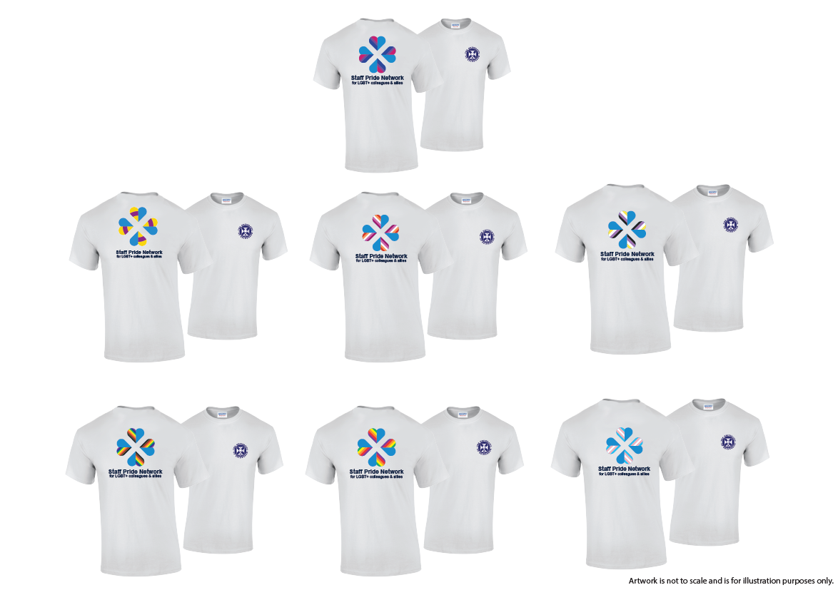 White unisex t-shirt with University of Edinburgh crest on the front chest pocket area, and a large Staff Pride Network logo variation centred on the back. Seven flag variations shown.